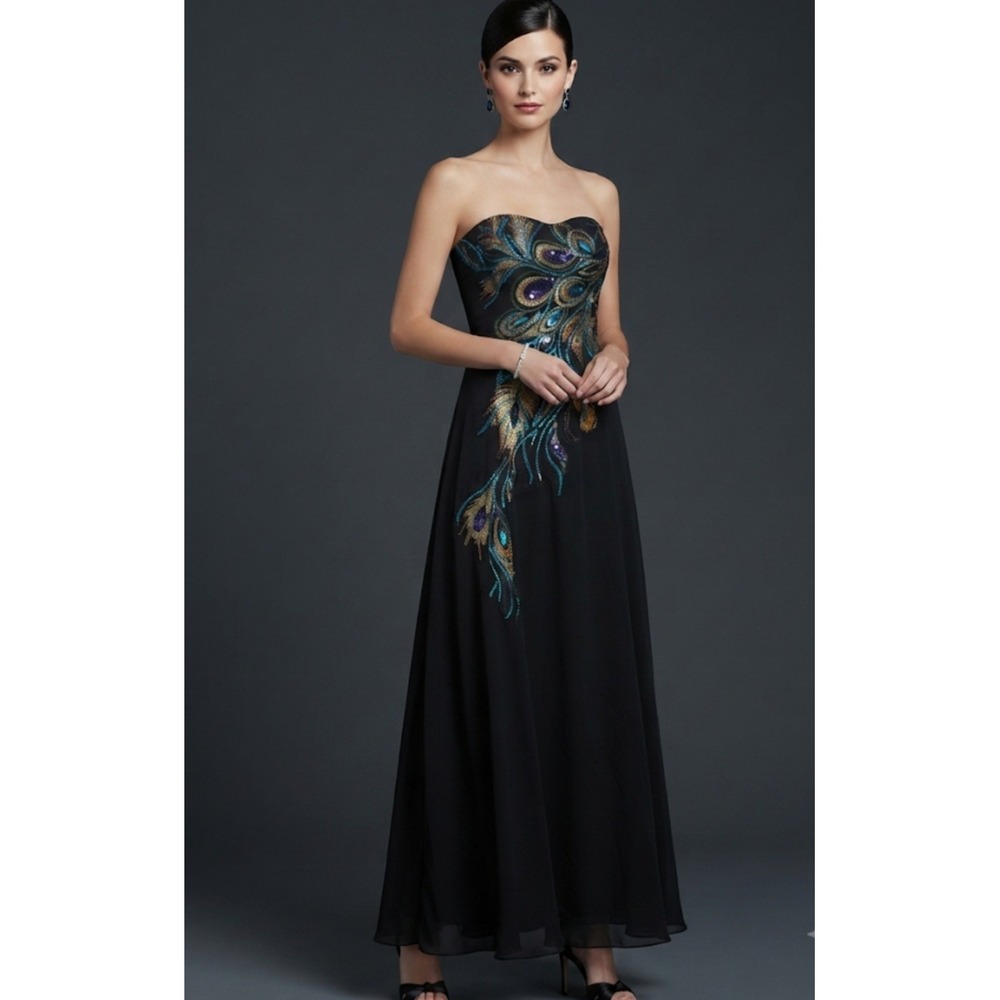 Peacock Sequin Embroidered Strapless Gown Black Chiffon Lace Up Back Maxi Dress